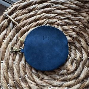 Round Navy Leather Coin Pouch